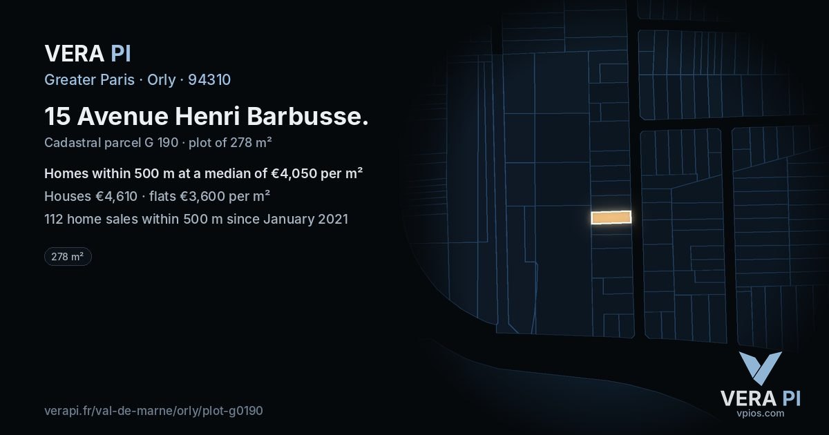 15 Avenue Henri Barbusse, Orly at night – the plot lit, the parcels around coloured by the prices near them