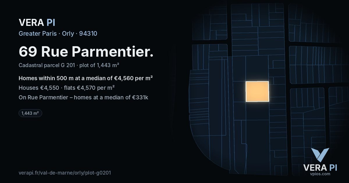 69 Rue Parmentier, Orly at night – the plot lit, the parcels around coloured by the prices near them