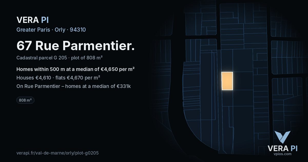67 Rue Parmentier, Orly at night – the plot lit, the parcels around coloured by the prices near them