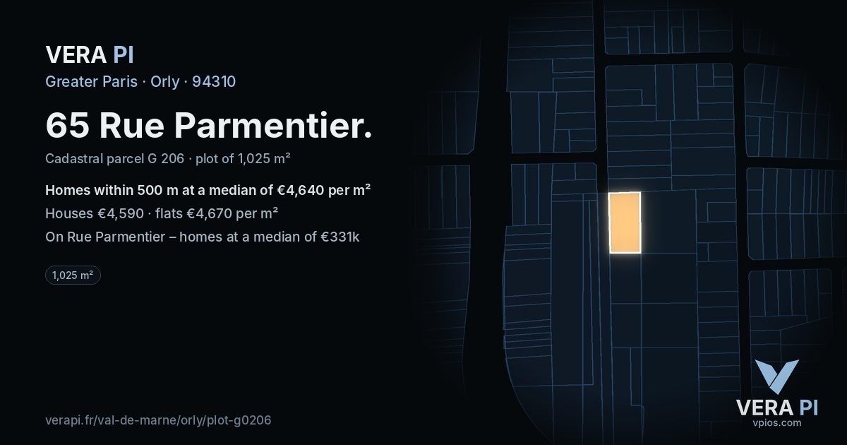 65 Rue Parmentier, Orly at night – the plot lit, the parcels around coloured by the prices near them
