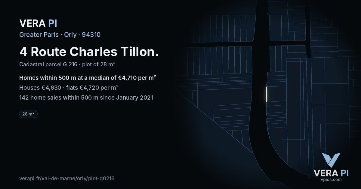 4 Route Charles Tillon, Orly at night – the plot lit, the parcels around coloured by the prices near them