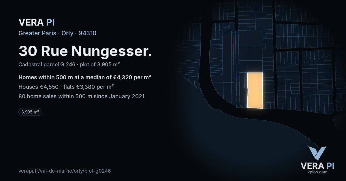 30 Rue Nungesser, Orly at night – the plot lit, the parcels around coloured by the prices near them