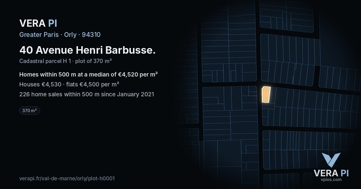 40 Avenue Henri Barbusse, Orly at night – the plot lit, the parcels around coloured by the prices near them