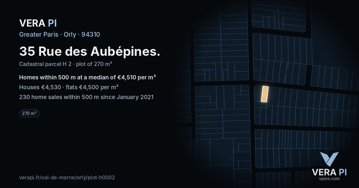 35 Rue des Aubépines, Orly at night – the plot lit, the parcels around coloured by the prices near them