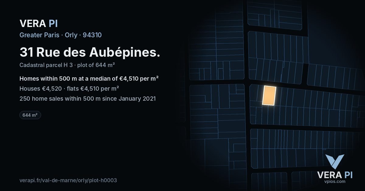 31 Rue des Aubépines, Orly at night – the plot lit, the parcels around coloured by the prices near them