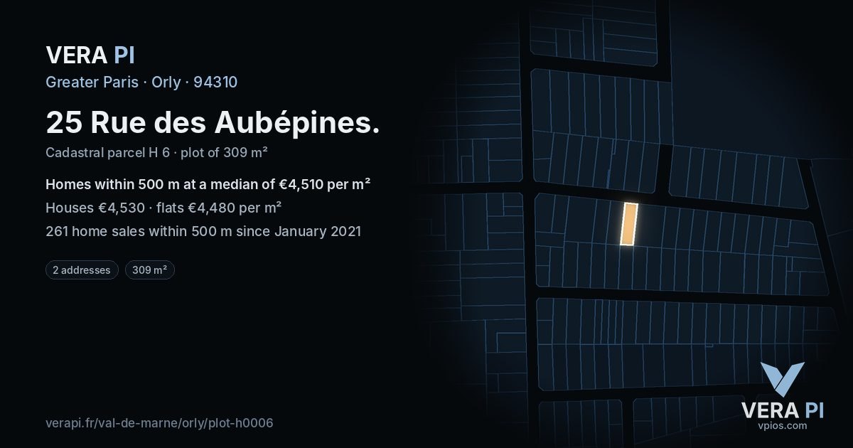 25 Rue des Aubépines, Orly at night – the plot lit, the parcels around coloured by the prices near them