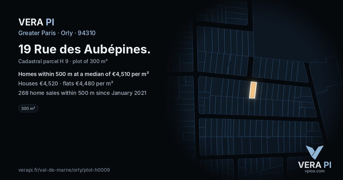 19 Rue des Aubépines, Orly at night – the plot lit, the parcels around coloured by the prices near them