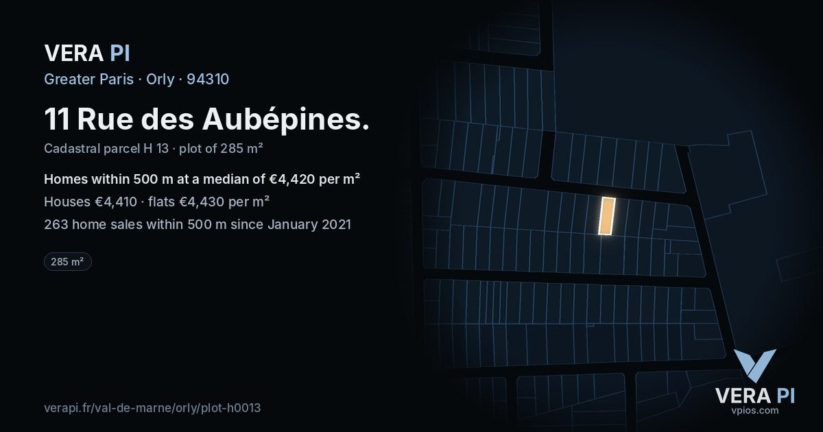 11 Rue des Aubépines, Orly at night – the plot lit, the parcels around coloured by the prices near them