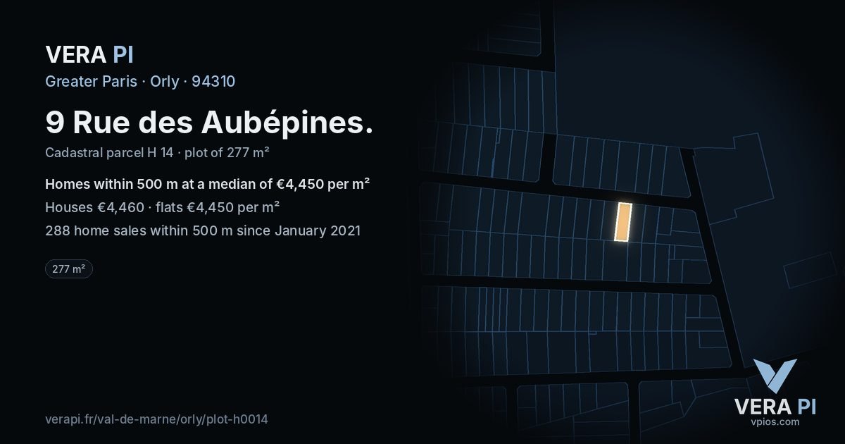9 Rue des Aubépines, Orly at night – the plot lit, the parcels around coloured by the prices near them