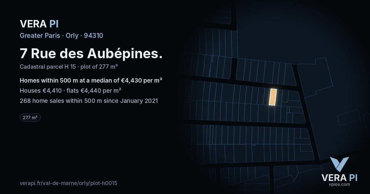 7 Rue des Aubépines, Orly at night – the plot lit, the parcels around coloured by the prices near them