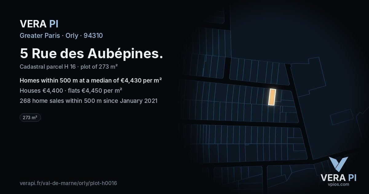 5 Rue des Aubépines, Orly at night – the plot lit, the parcels around coloured by the prices near them