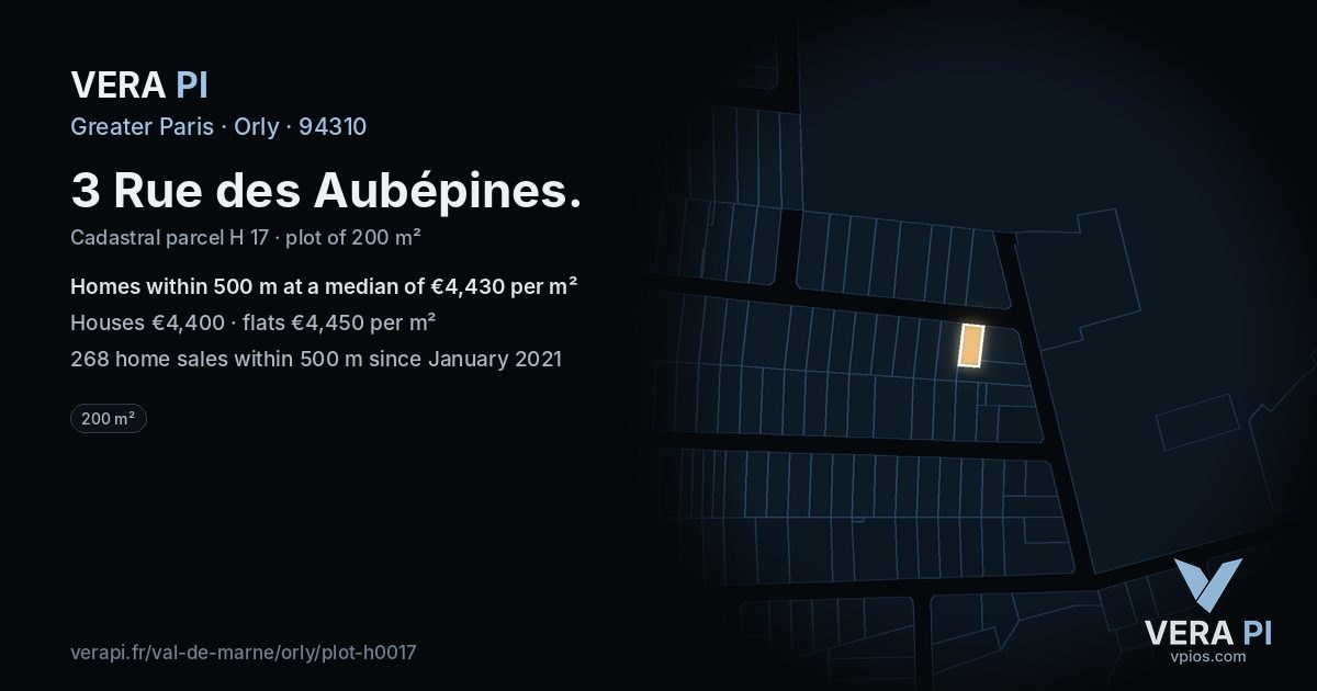 3 Rue des Aubépines, Orly at night – the plot lit, the parcels around coloured by the prices near them
