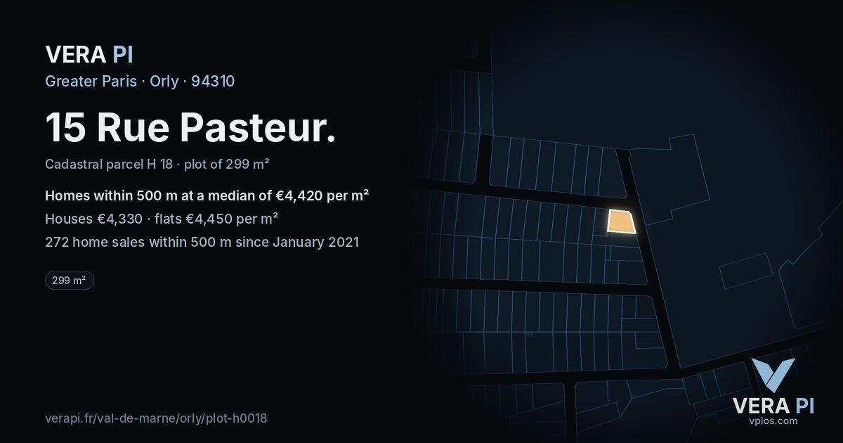 15 Rue Pasteur, Orly at night – the plot lit, the parcels around coloured by the prices near them