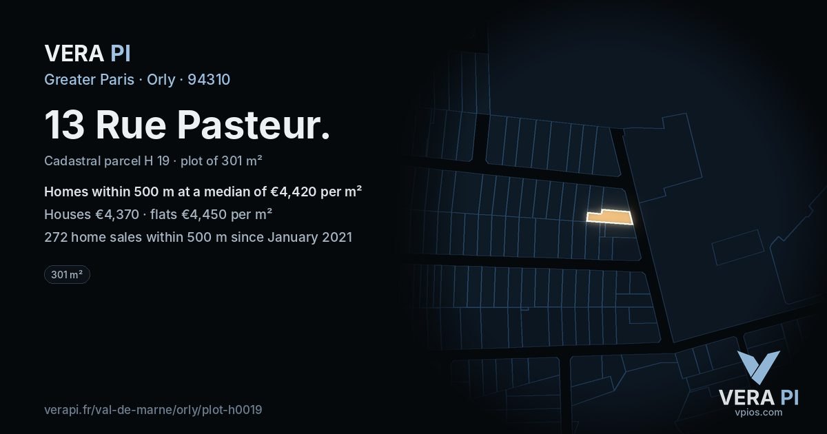 13 Rue Pasteur, Orly at night – the plot lit, the parcels around coloured by the prices near them