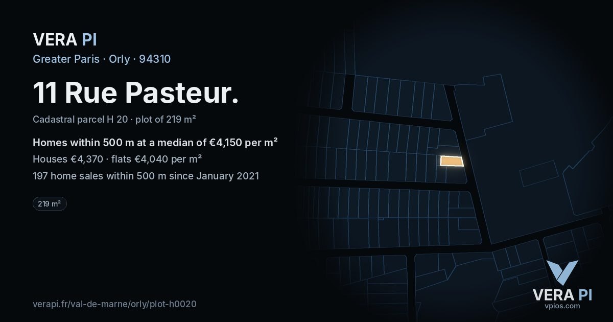 11 Rue Pasteur, Orly at night – the plot lit, the parcels around coloured by the prices near them