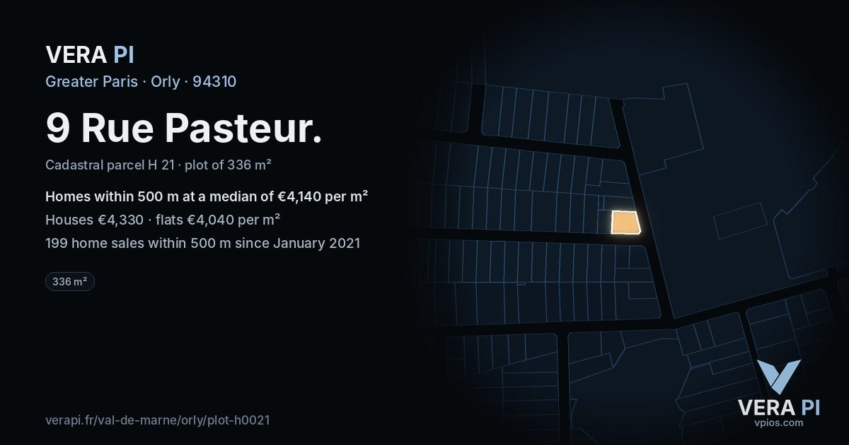 9 Rue Pasteur, Orly at night – the plot lit, the parcels around coloured by the prices near them