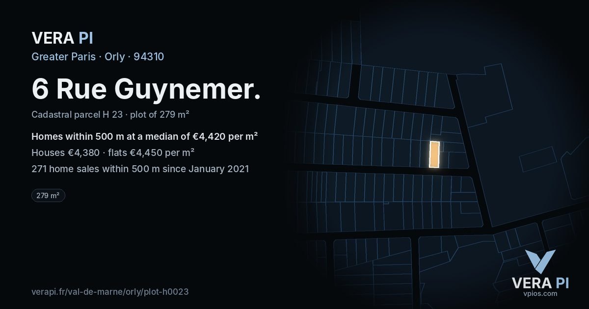 6 Rue Guynemer, Orly at night – the plot lit, the parcels around coloured by the prices near them