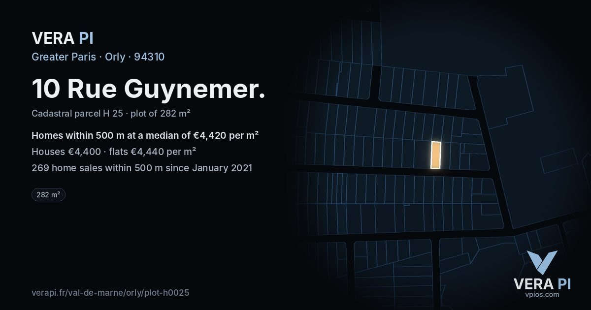 10 Rue Guynemer, Orly at night – the plot lit, the parcels around coloured by the prices near them