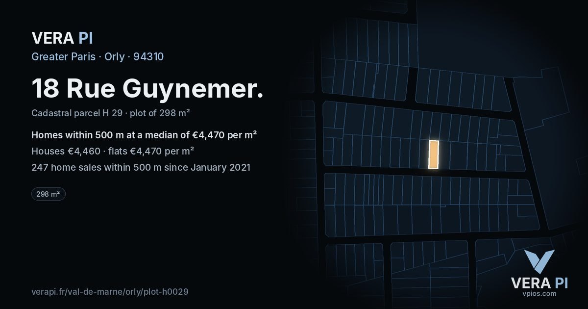 18 Rue Guynemer, Orly at night – the plot lit, the parcels around coloured by the prices near them
