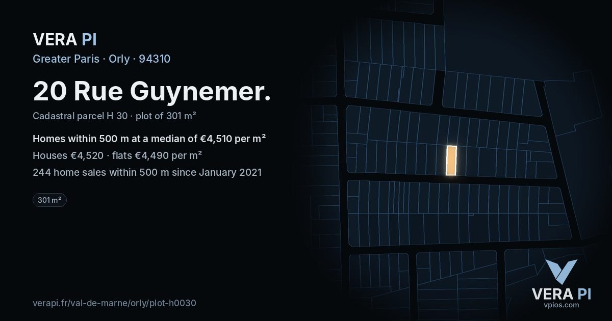 20 Rue Guynemer, Orly at night – the plot lit, the parcels around coloured by the prices near them