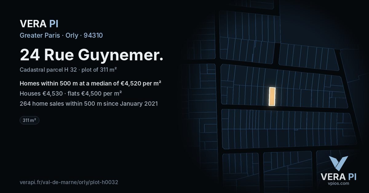 24 Rue Guynemer, Orly at night – the plot lit, the parcels around coloured by the prices near them