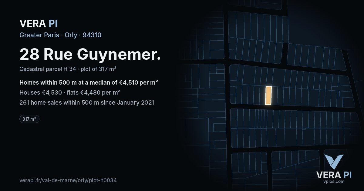 28 Rue Guynemer, Orly at night – the plot lit, the parcels around coloured by the prices near them