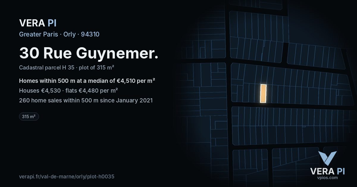30 Rue Guynemer, Orly at night – the plot lit, the parcels around coloured by the prices near them
