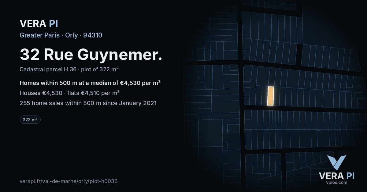 32 Rue Guynemer, Orly at night – the plot lit, the parcels around coloured by the prices near them