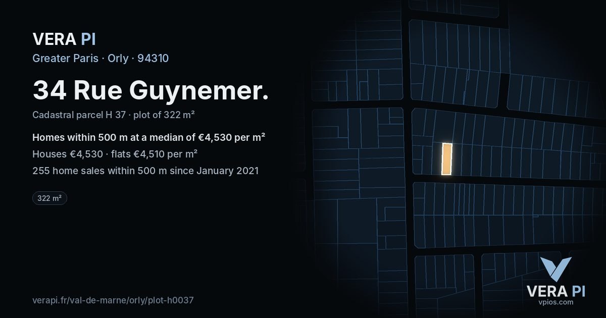 34 Rue Guynemer, Orly at night – the plot lit, the parcels around coloured by the prices near them