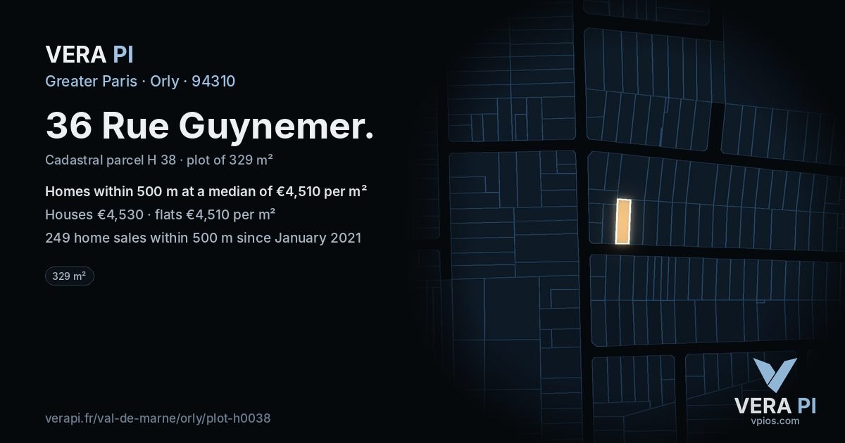 36 Rue Guynemer, Orly at night – the plot lit, the parcels around coloured by the prices near them