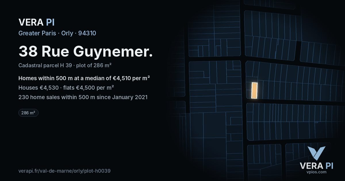 38 Rue Guynemer, Orly at night – the plot lit, the parcels around coloured by the prices near them