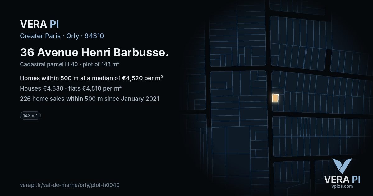 36 Avenue Henri Barbusse, Orly at night – the plot lit, the parcels around coloured by the prices near them