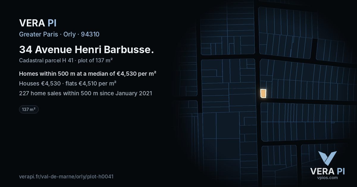 34 Avenue Henri Barbusse, Orly at night – the plot lit, the parcels around coloured by the prices near them
