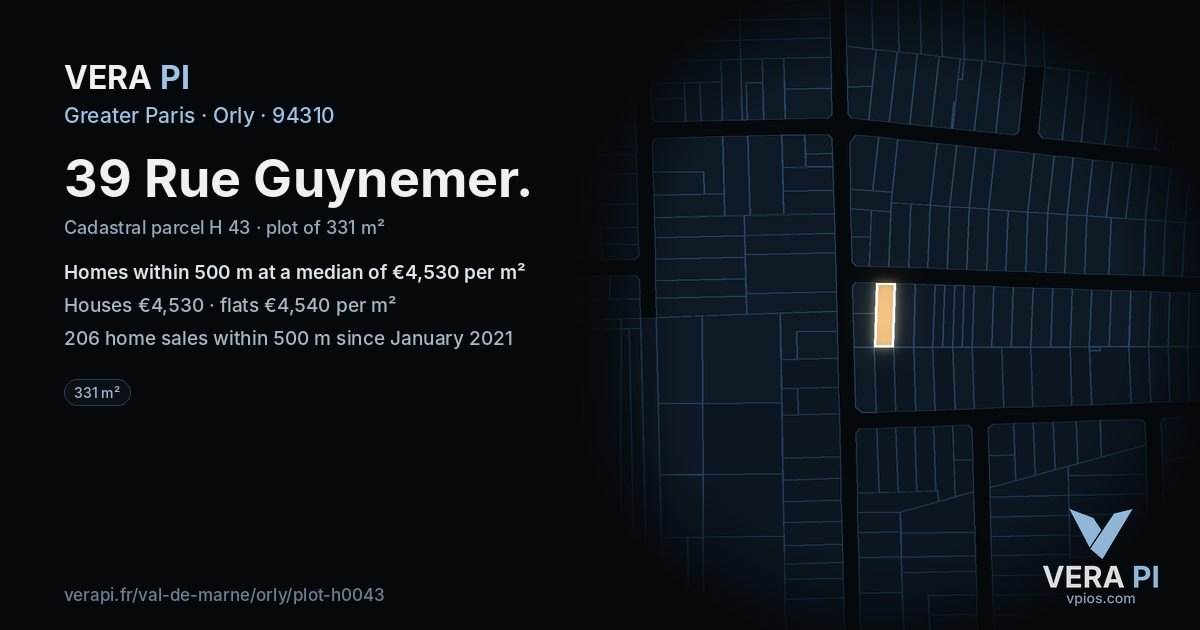 39 Rue Guynemer, Orly at night – the plot lit, the parcels around coloured by the prices near them