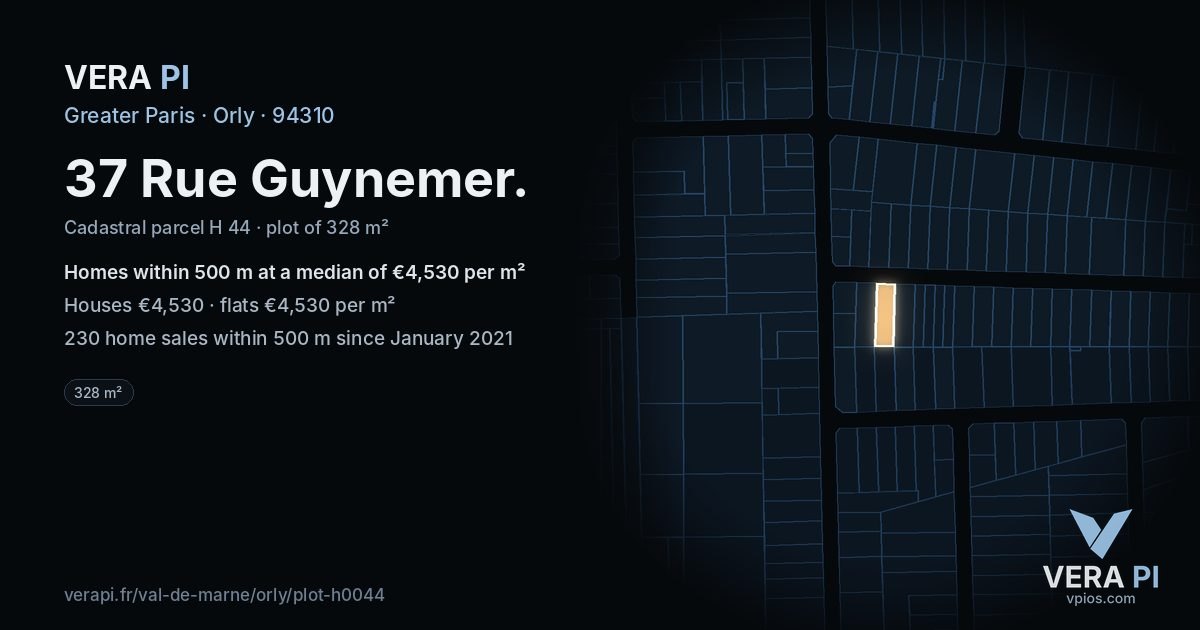 37 Rue Guynemer, Orly at night – the plot lit, the parcels around coloured by the prices near them