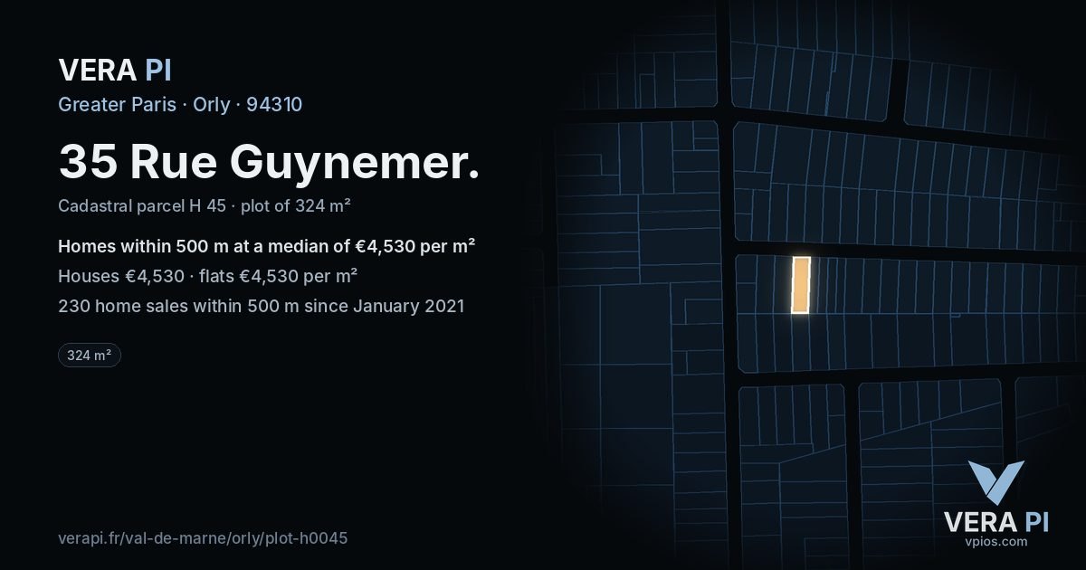 35 Rue Guynemer, Orly at night – the plot lit, the parcels around coloured by the prices near them
