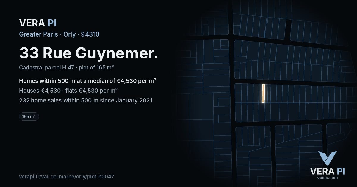 33 Rue Guynemer, Orly at night – the plot lit, the parcels around coloured by the prices near them