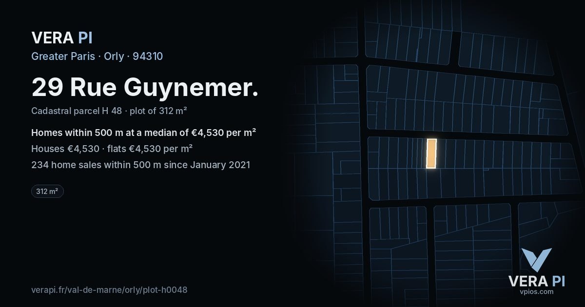 29 Rue Guynemer, Orly at night – the plot lit, the parcels around coloured by the prices near them