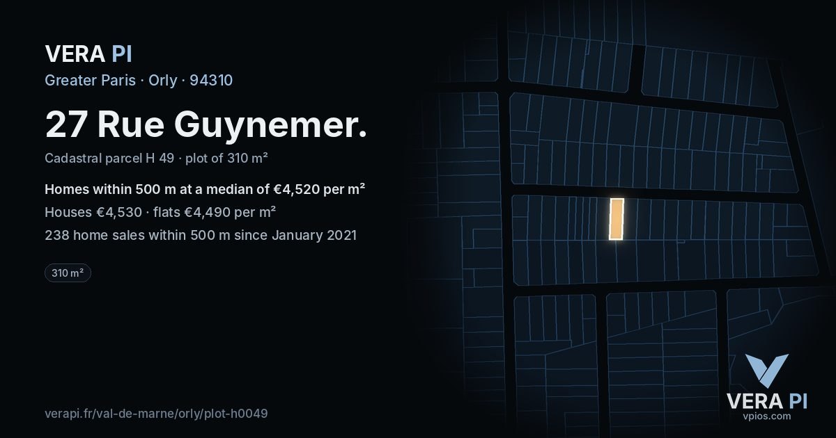 27 Rue Guynemer, Orly at night – the plot lit, the parcels around coloured by the prices near them