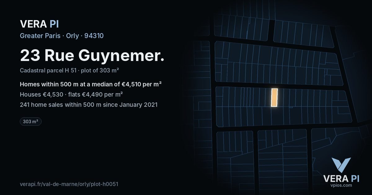 23 Rue Guynemer, Orly at night – the plot lit, the parcels around coloured by the prices near them