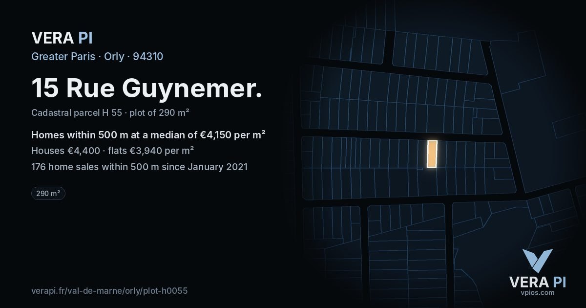 15 Rue Guynemer, Orly at night – the plot lit, the parcels around coloured by the prices near them