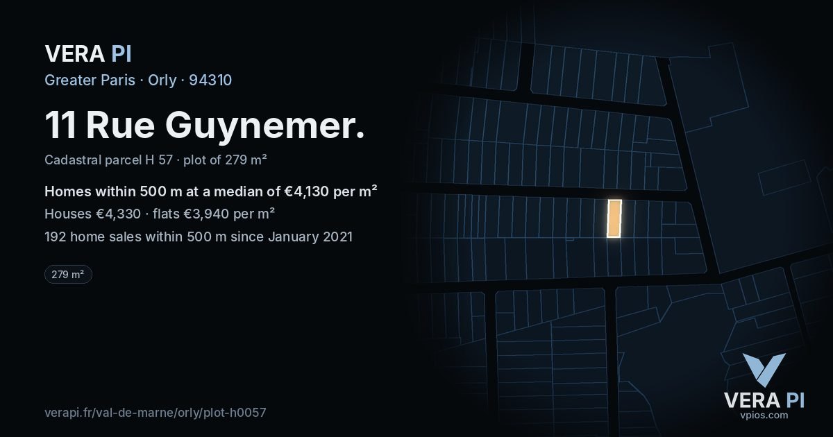 11 Rue Guynemer, Orly at night – the plot lit, the parcels around coloured by the prices near them
