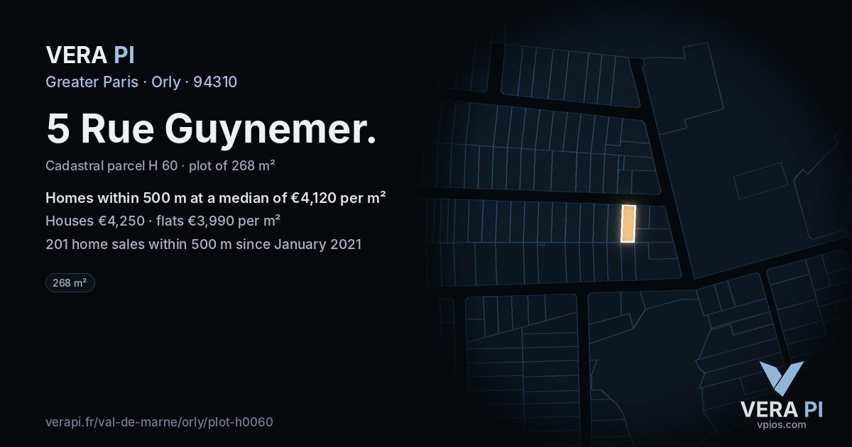 5 Rue Guynemer, Orly at night – the plot lit, the parcels around coloured by the prices near them