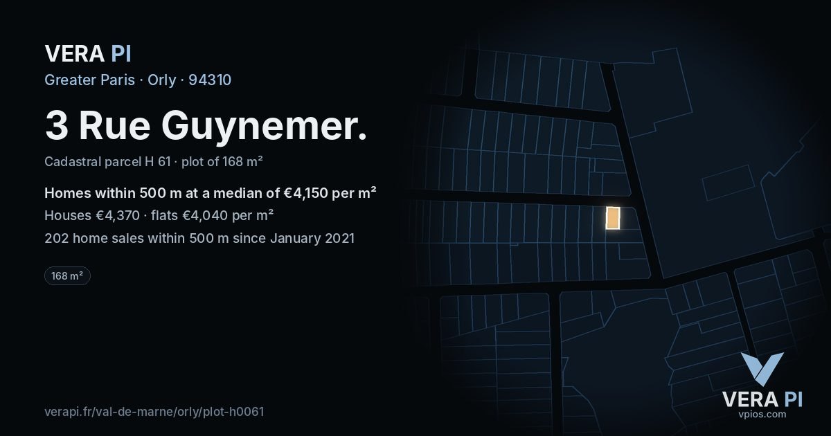 3 Rue Guynemer, Orly at night – the plot lit, the parcels around coloured by the prices near them