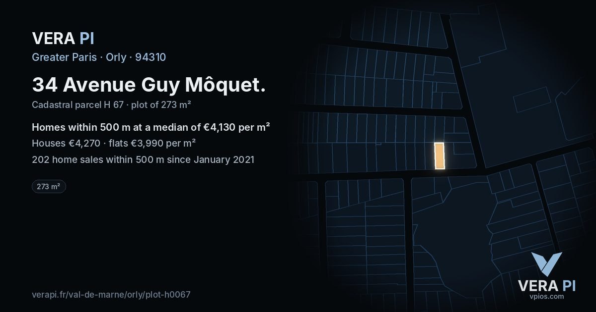 34 Avenue Guy Môquet, Orly at night – the plot lit, the parcels around coloured by the prices near them