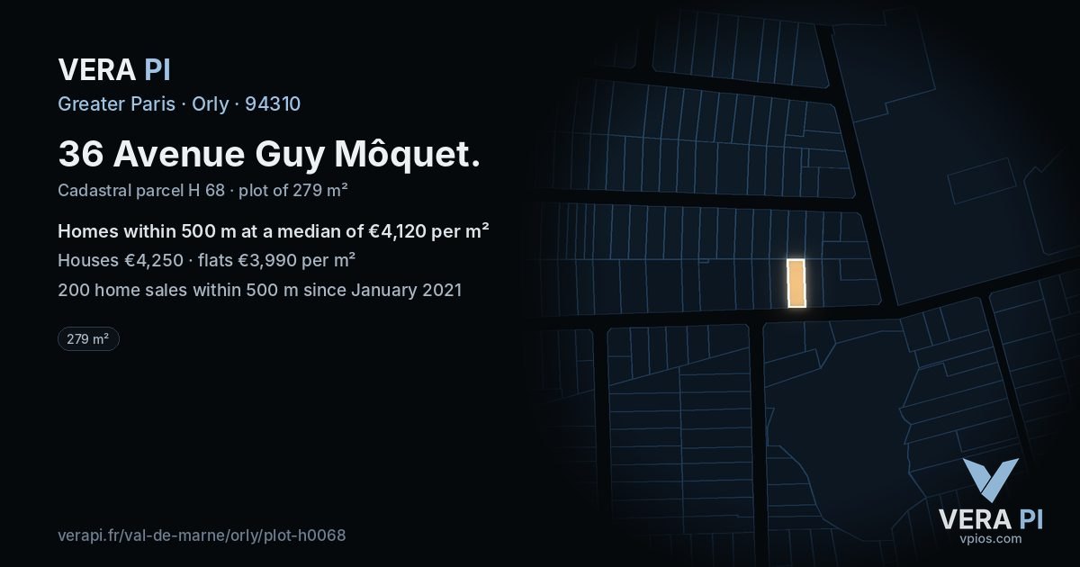 36 Avenue Guy Môquet, Orly at night – the plot lit, the parcels around coloured by the prices near them