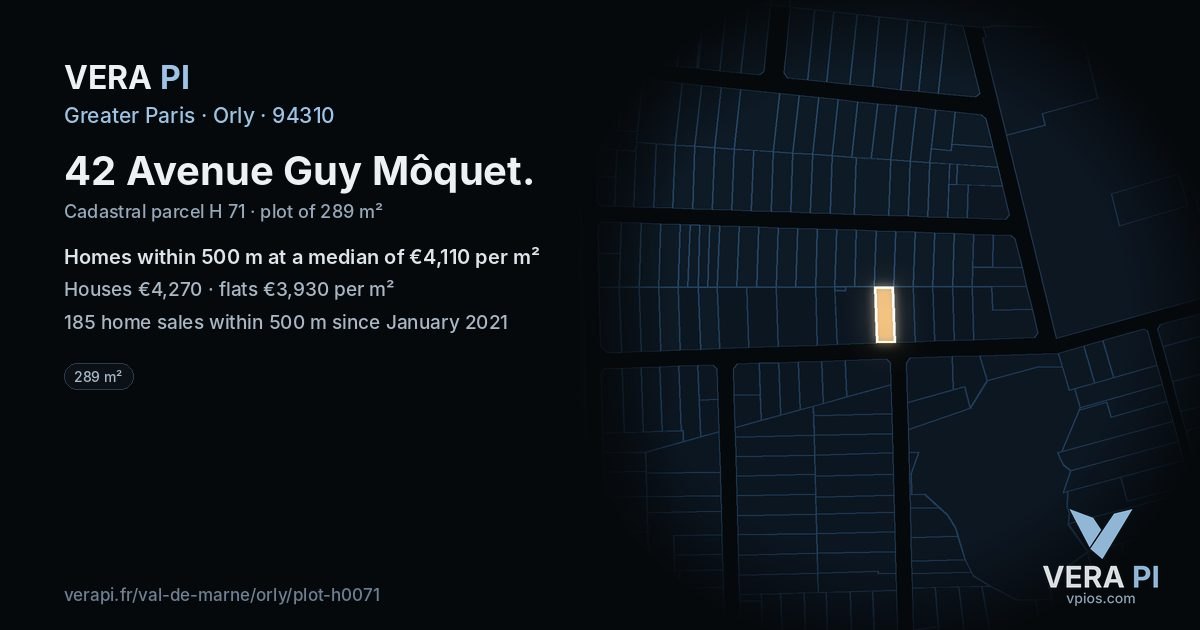 42 Avenue Guy Môquet, Orly at night – the plot lit, the parcels around coloured by the prices near them