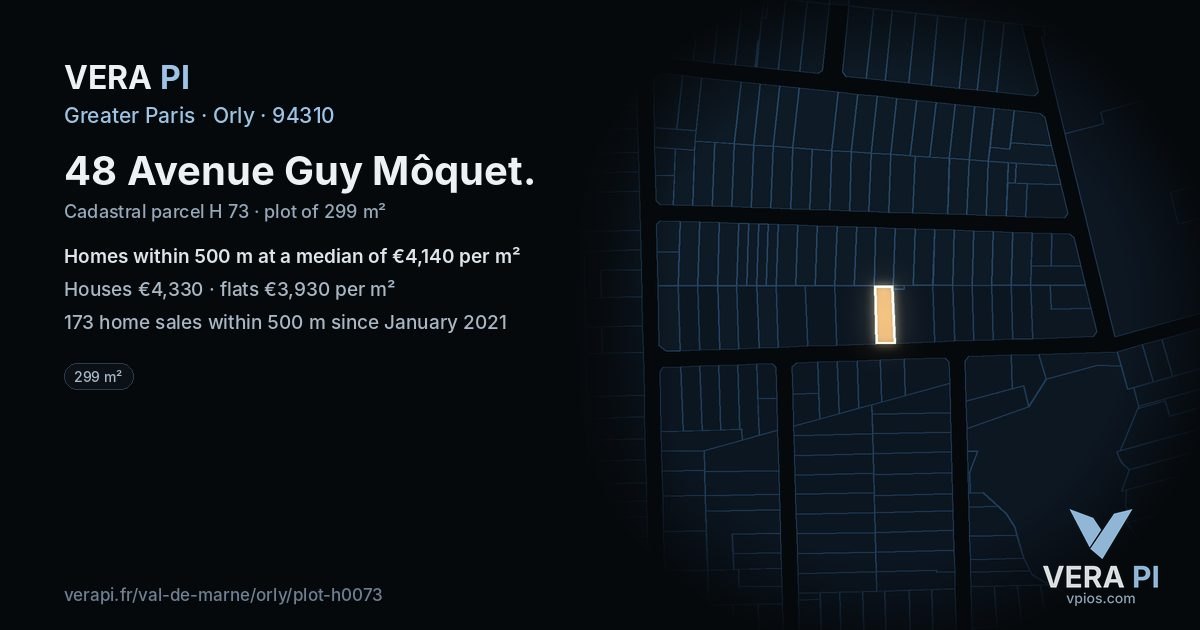 48 Avenue Guy Môquet, Orly at night – the plot lit, the parcels around coloured by the prices near them