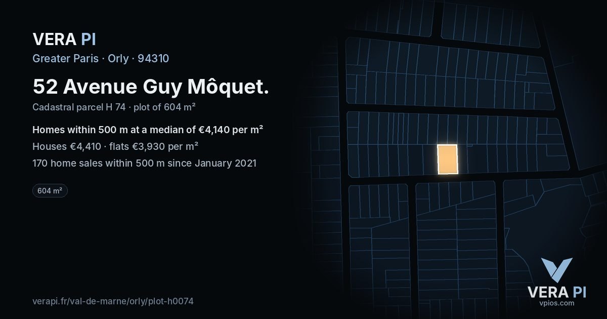 52 Avenue Guy Môquet, Orly at night – the plot lit, the parcels around coloured by the prices near them