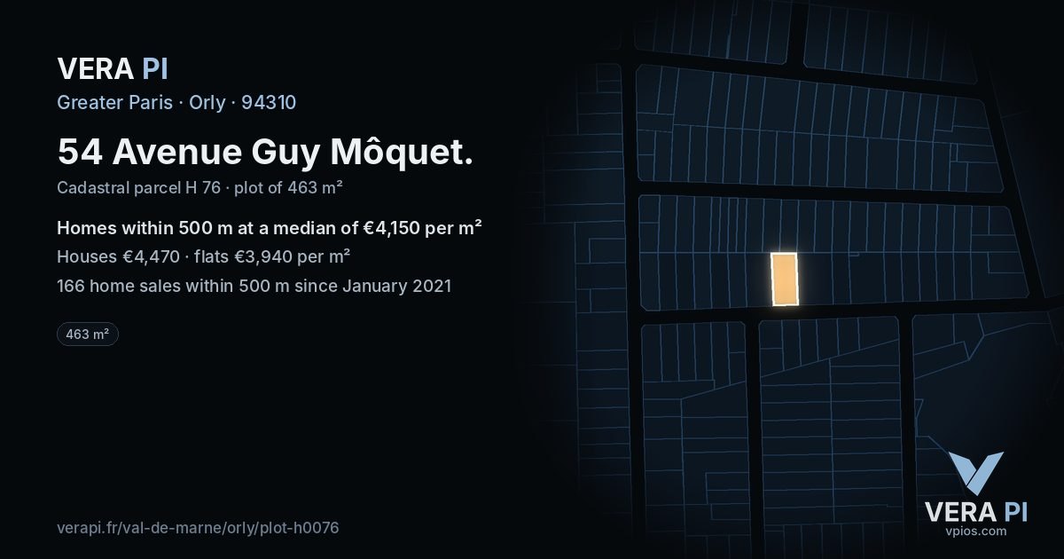 54 Avenue Guy Môquet, Orly at night – the plot lit, the parcels around coloured by the prices near them